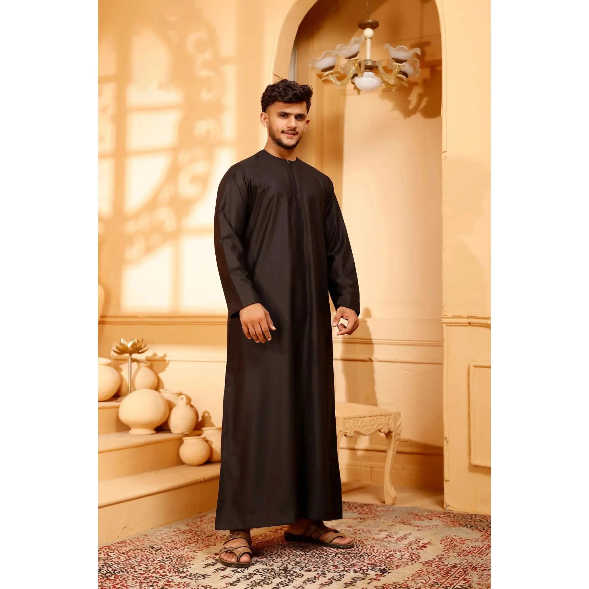 Matte Black Omani Thobe Collarless With Zip